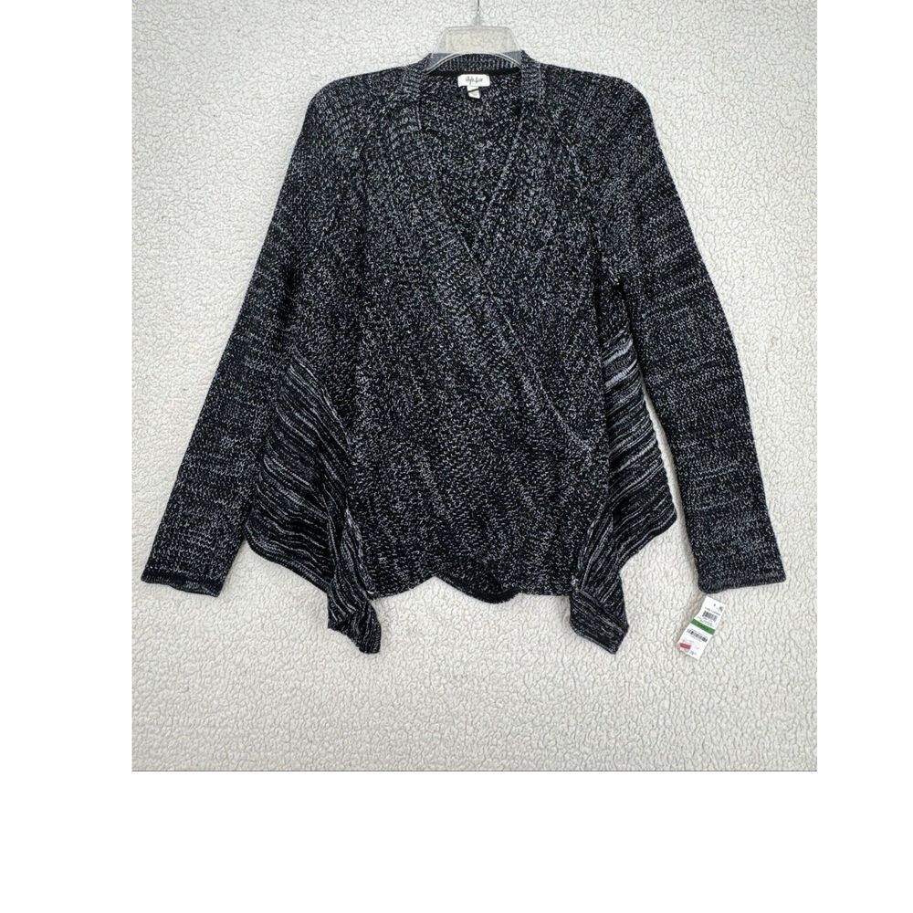 Style & Co Sweater Women Size L Black w/ White‎ Specs Cardigan Duster Open Front